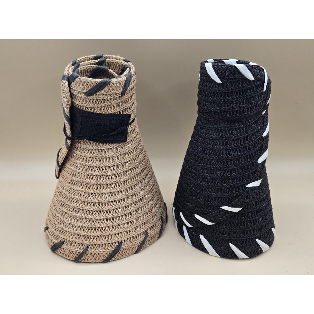 Mud Pie 100% Paper Straw Hat Lot Of 2 Black / White & Tan Travel Packable Mudpie